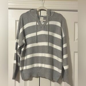 Joie V-Neck Gray and White Striped Hoodie Sweater